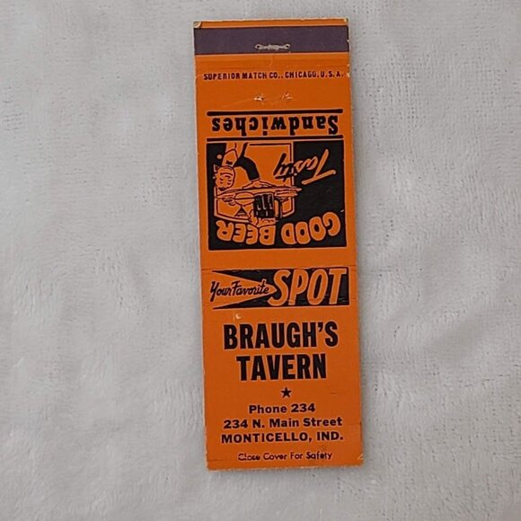 Vintage Matchbook Cover Braugh’s Tavern Monticello IN Indiana Orange - Picture 4 of 5